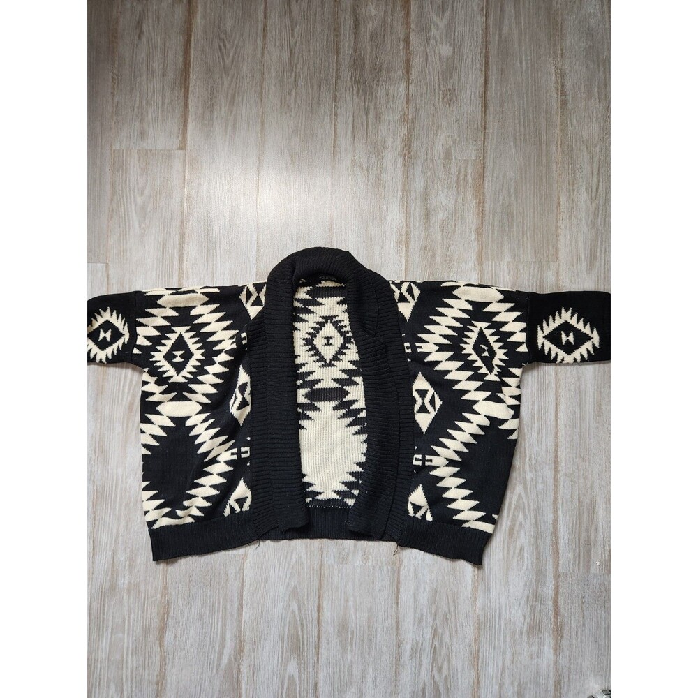 Solution Knit Aztec Print Black Cream Oversized Open Front Cardigan Sz M/L